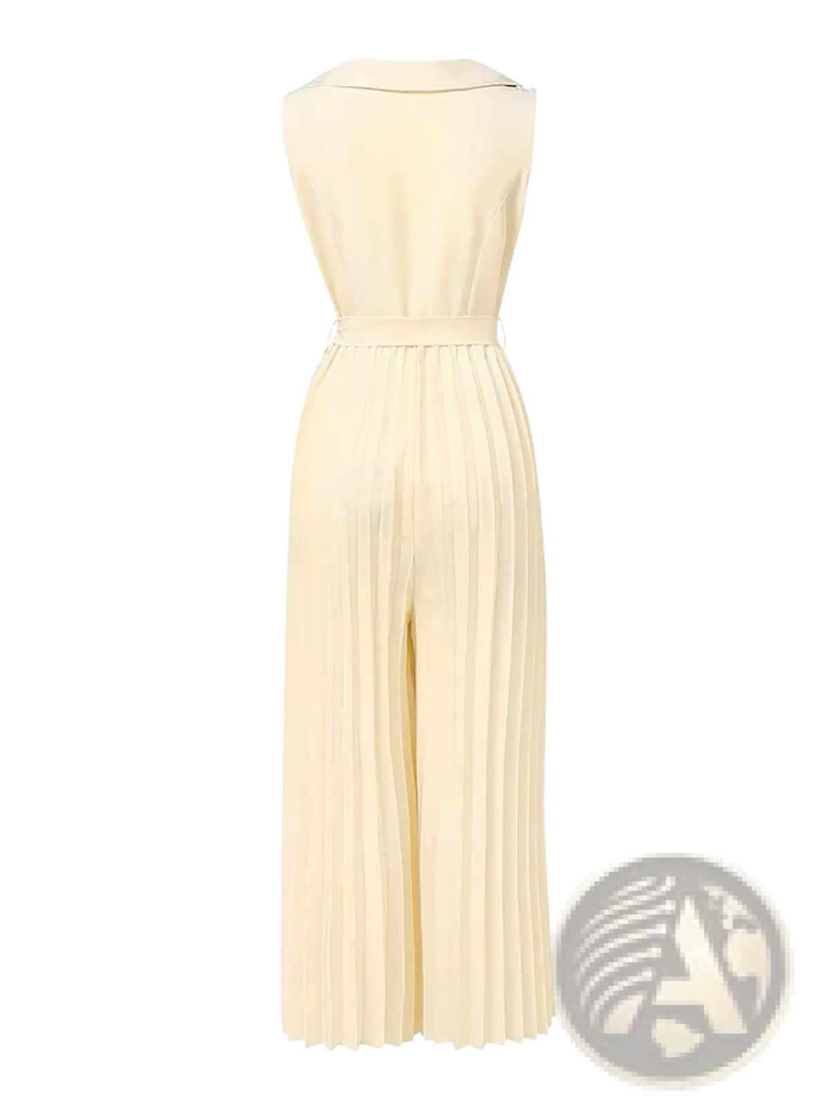 Cream-colored sleeveless Zanzea pleated wide leg jumpsuit with matching belt and pleated skirt detail