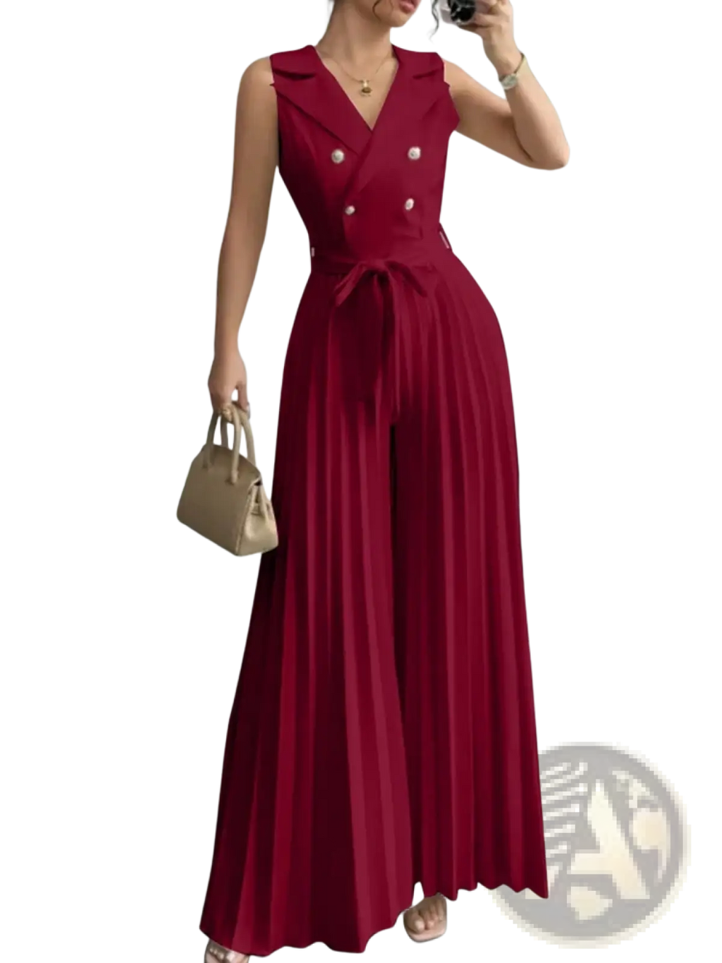 A deep red sleeveless double-breasted Zanzea pleated wide leg jumpsuit with a belted waist and flowing pants