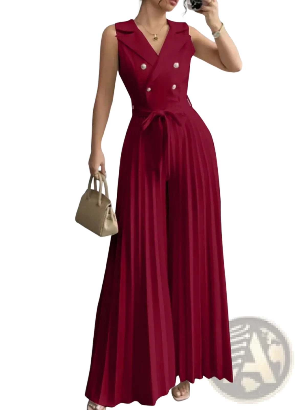 A deep red sleeveless double-breasted Zanzea pleated wide leg jumpsuit with a belted waist and flowing pants