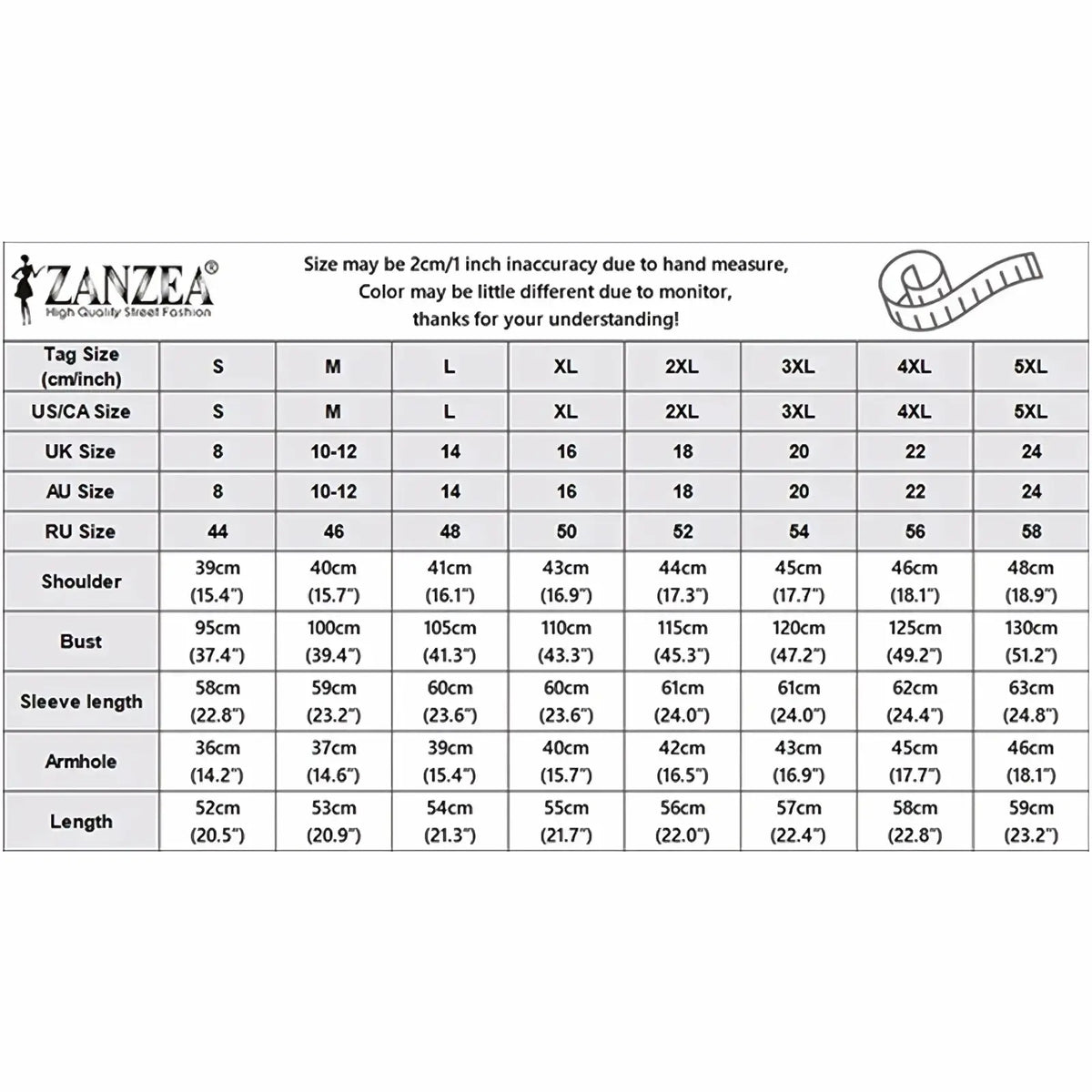 Zanzea women green office blazer jacket size chart displaying shoulder bust sleeve armhole and length measurements