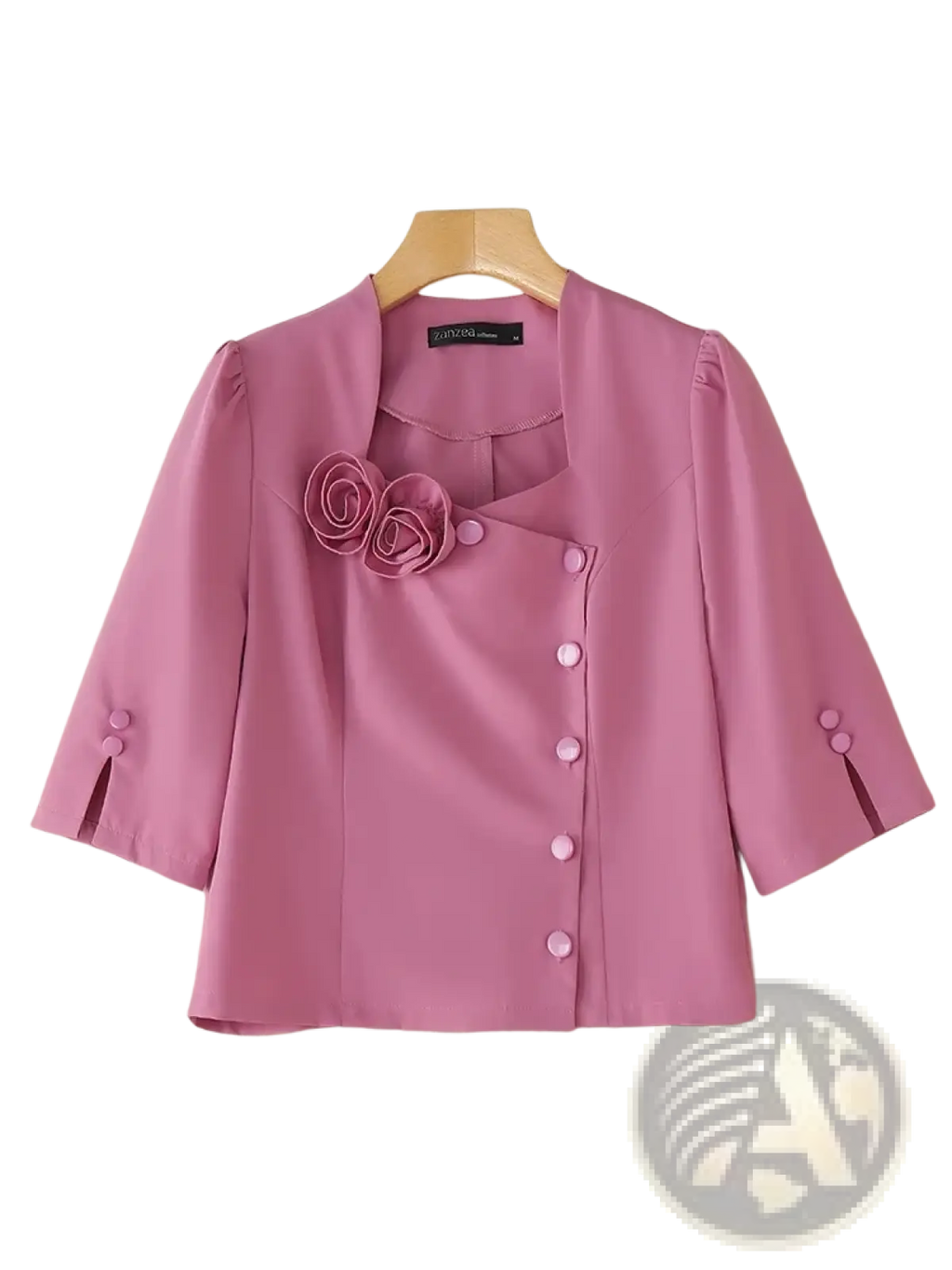 A soft pink Zanzea women half sleeve floral blouse with three-quarter sleeves and decorative rose appliqué details