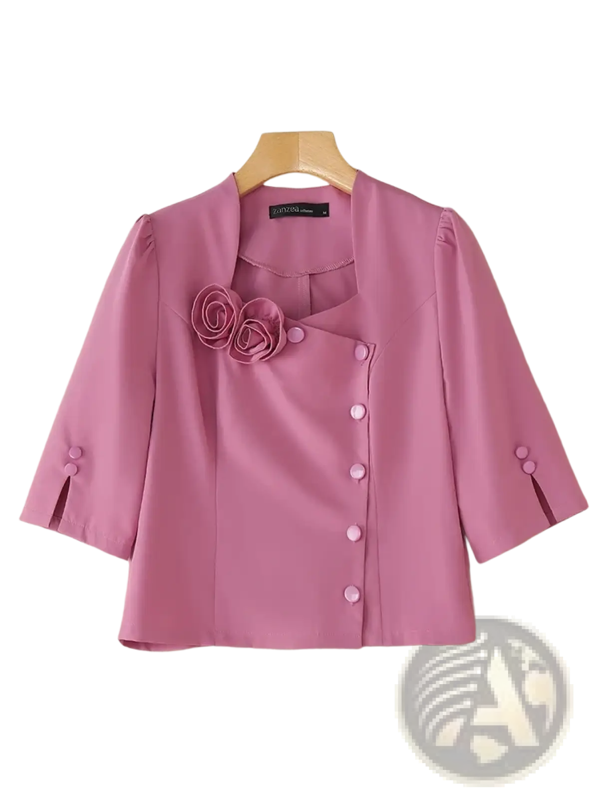 A soft pink Zanzea women half sleeve floral blouse with three-quarter sleeves and decorative rose appliqué details