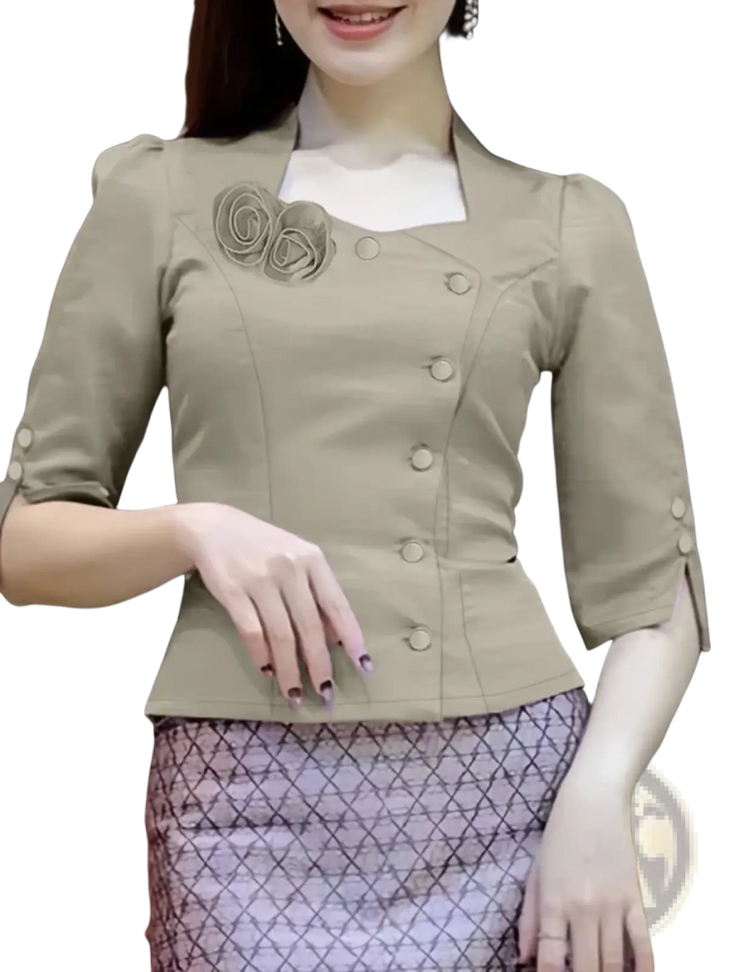 Beige double-breasted blazer with three-quarter sleeves buttoned cuffs and floral brooch at collar by zanzea women half sleeve floral blouse