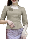 Beige double-breasted blazer with three-quarter sleeves buttoned cuffs and floral brooch at collar by zanzea women half sleeve floral blouse