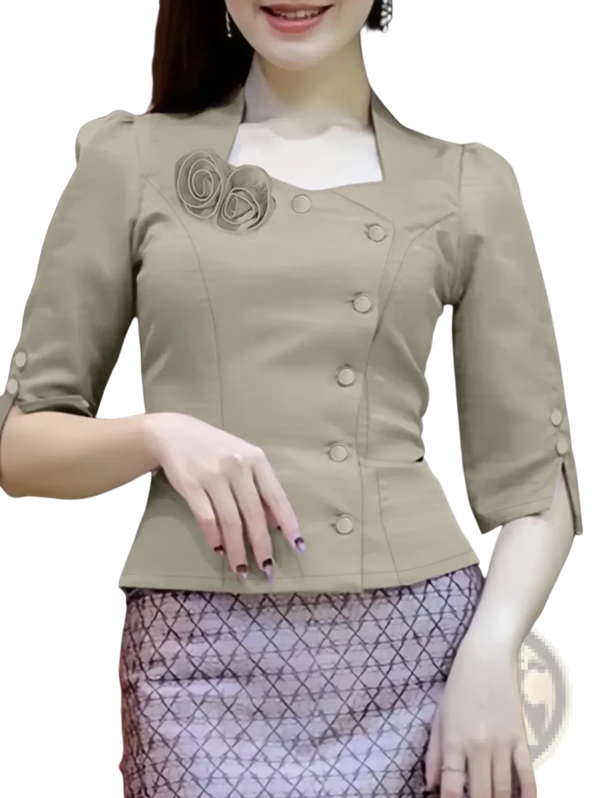 Beige double-breasted blazer with three-quarter sleeves buttoned cuffs and floral brooch at collar by zanzea women half sleeve floral blouse