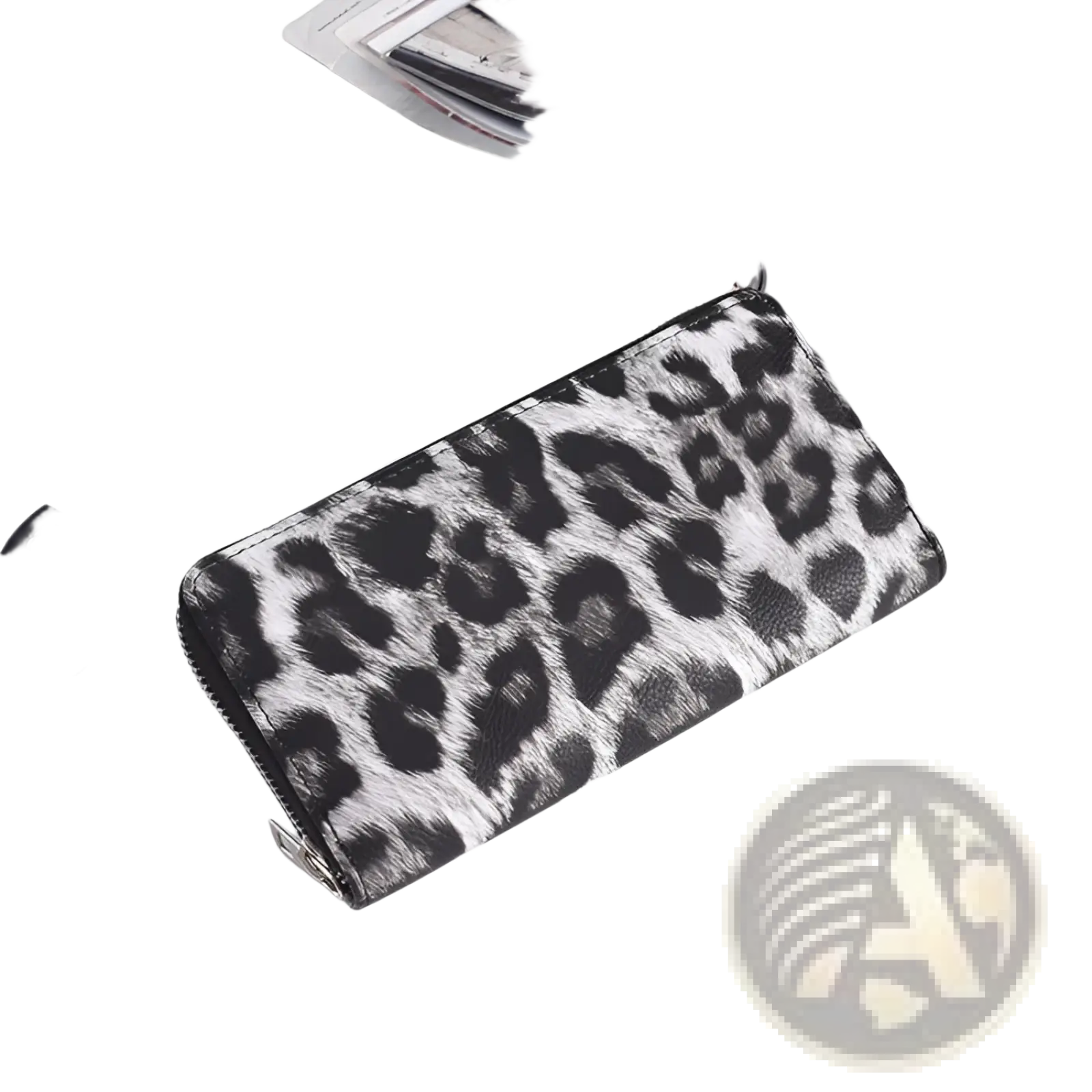 Black and white leopard print leather long zipper wallet for women featuring a zippered closure