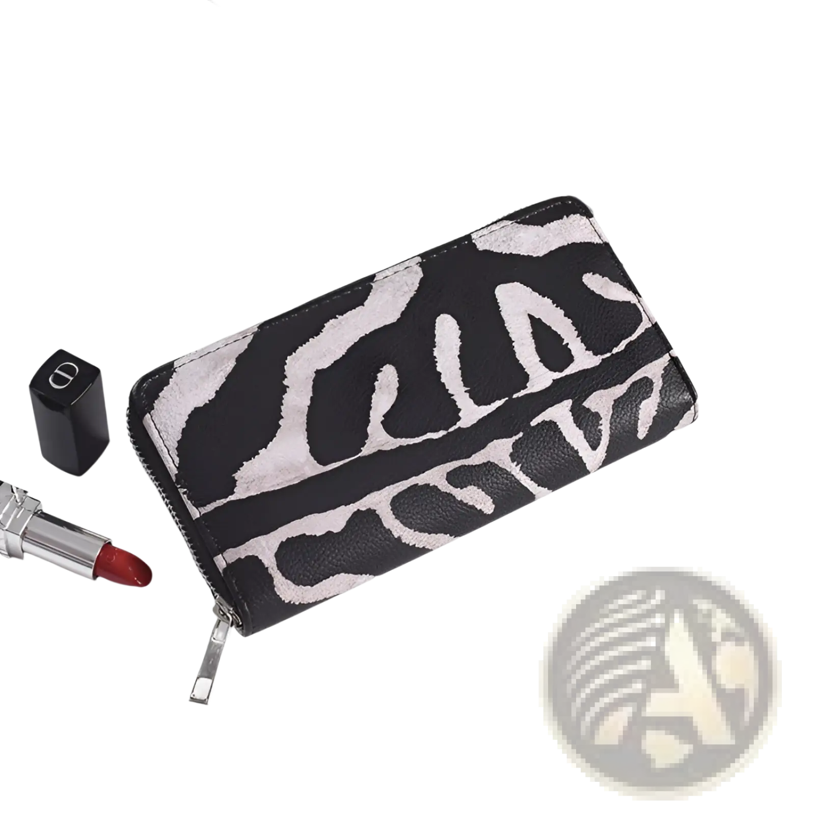 Zebra print leather long zipper wallet for women in black and white with a silver zipper closure