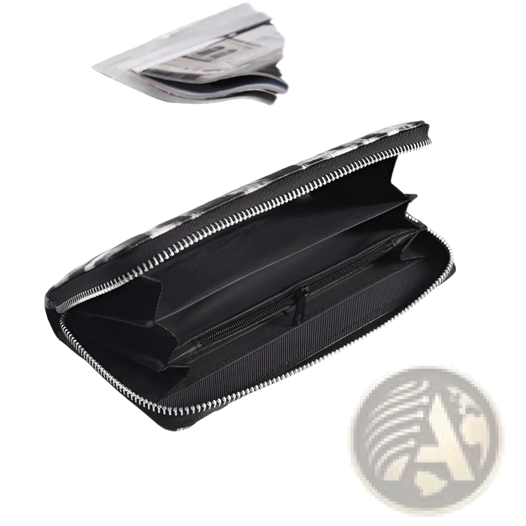 Black leather long zipper wallet for women with subtle zebra print pattern and silver-toned zippers