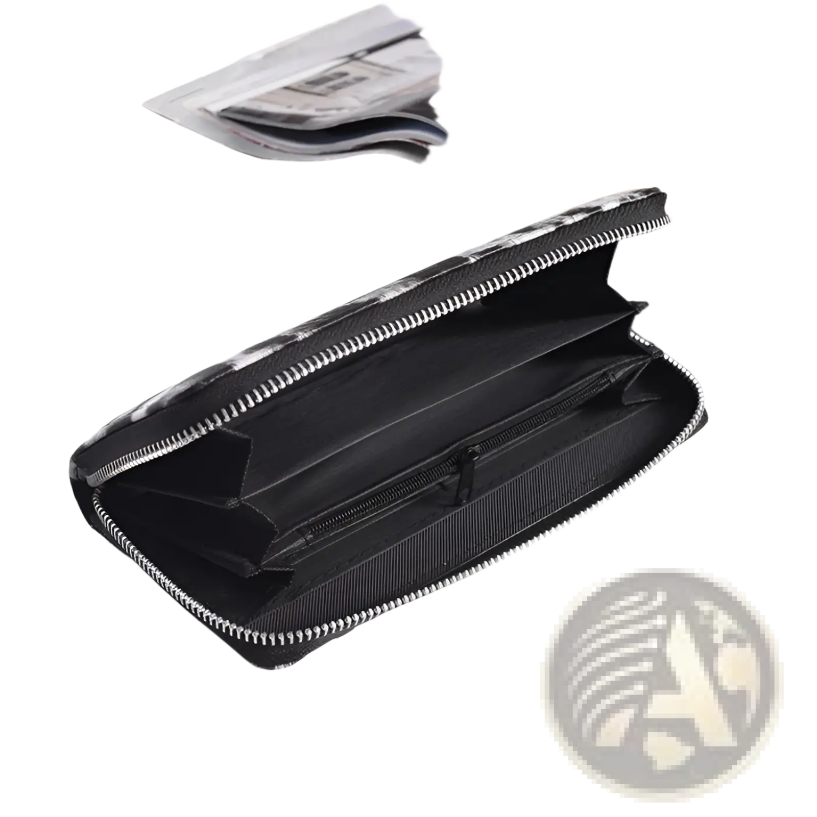 Black leather long zipper wallet for women with subtle zebra print pattern and silver-toned zippers