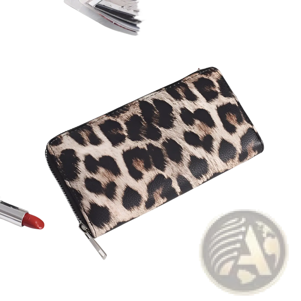 Leopard-print faux leather zippered wallet with black tan and brown spots for women long zipper design