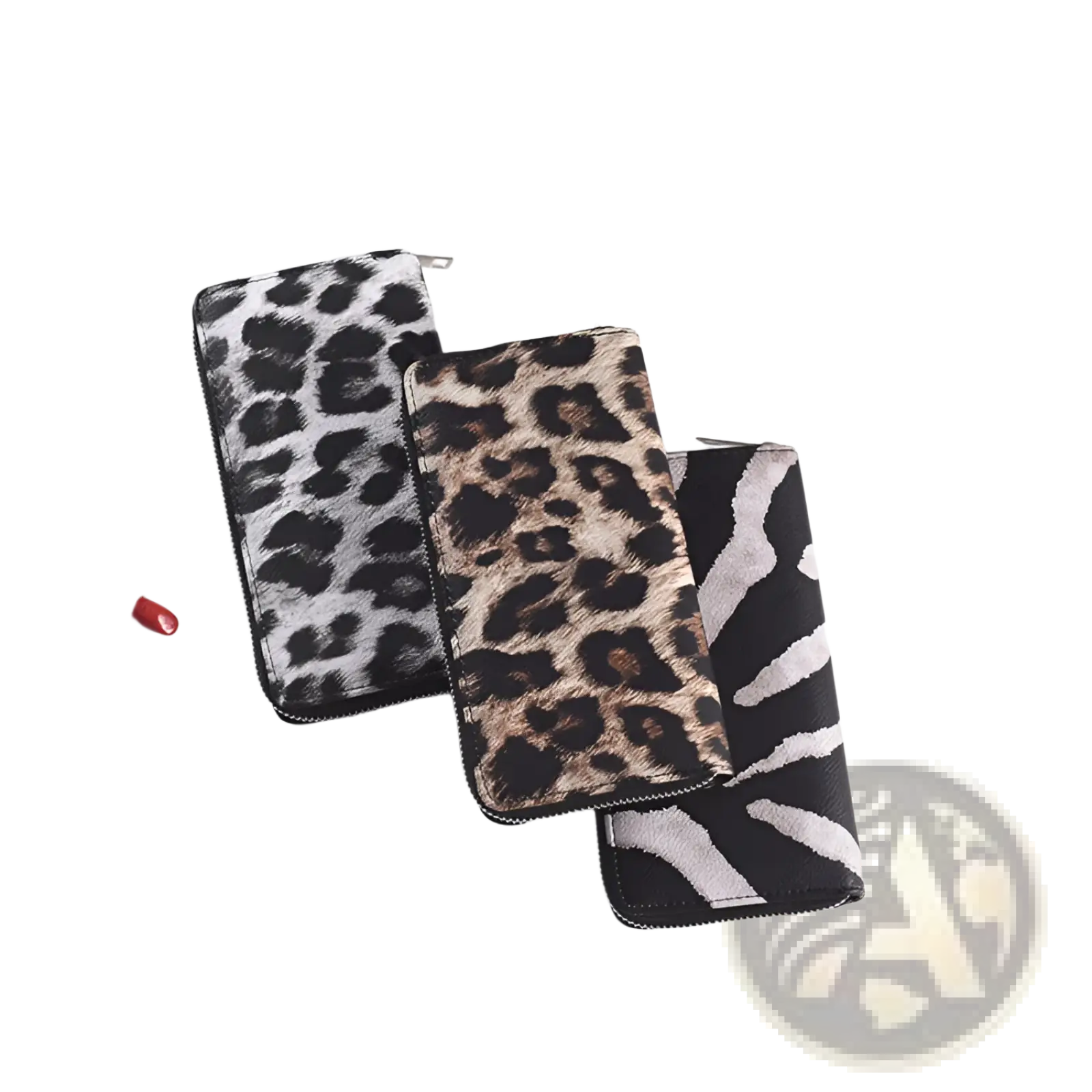 Three leopard print and zebra striped faux leather zippered wallets including a black and white pattern for women
