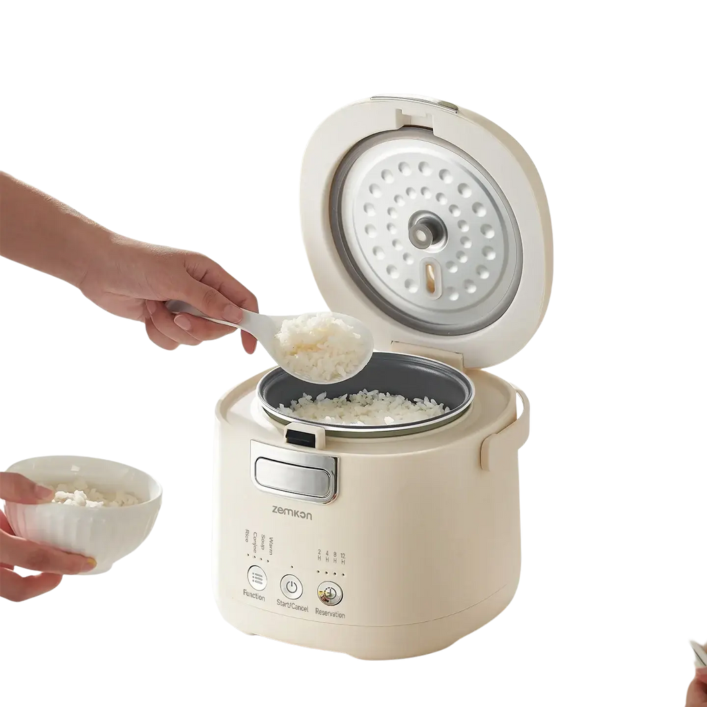 Cream-colored Zemkon 1.2l smart electric rice cooker with sleek rounded design and silver multi-function control panel