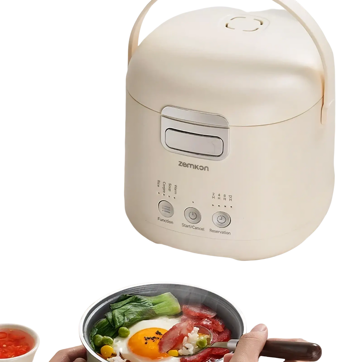 Cream-colored Zemkon 1.2l smart electric rice cooker with sleek rounded design and silver control panel
