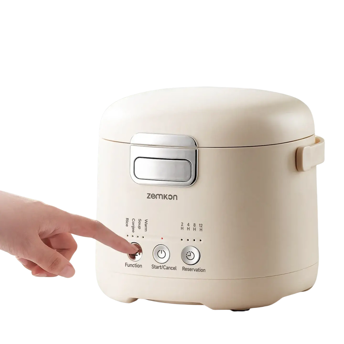 Cream-colored Zemkon 1.2l smart electric rice cooker with sleek rounded design and silver control panel