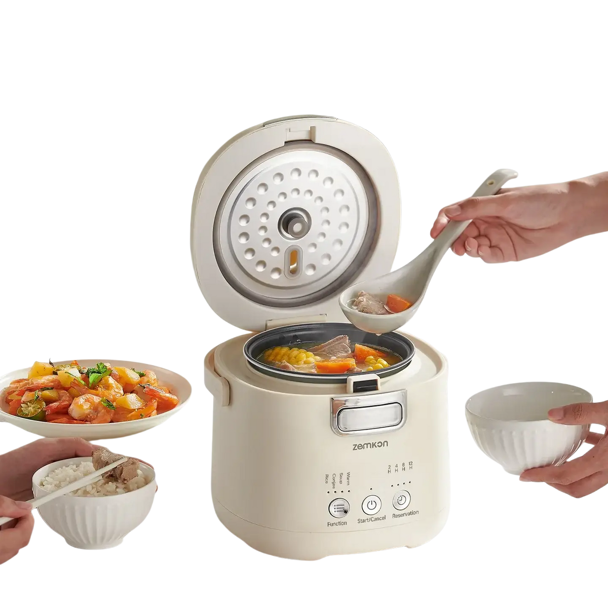 Cream-colored Zemkon 1.2l smart electric rice cooker with perforated lid and control panel featuring function buttons
