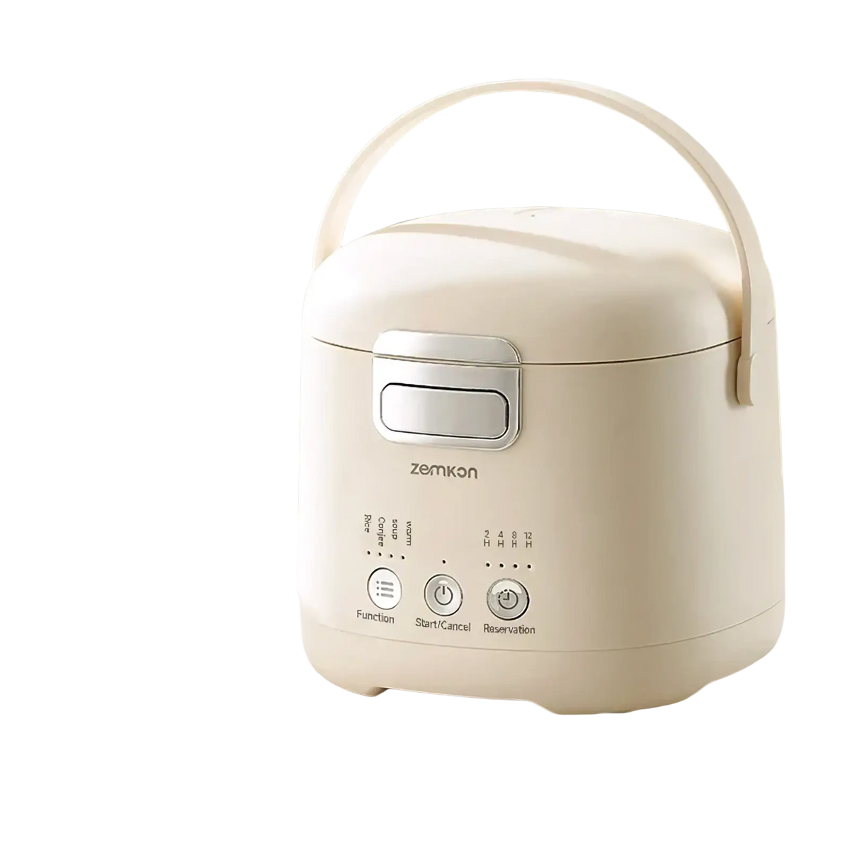 Cream-colored zemkon 1.2l smart electric rice cooker with sleek rounded design and silver control panel