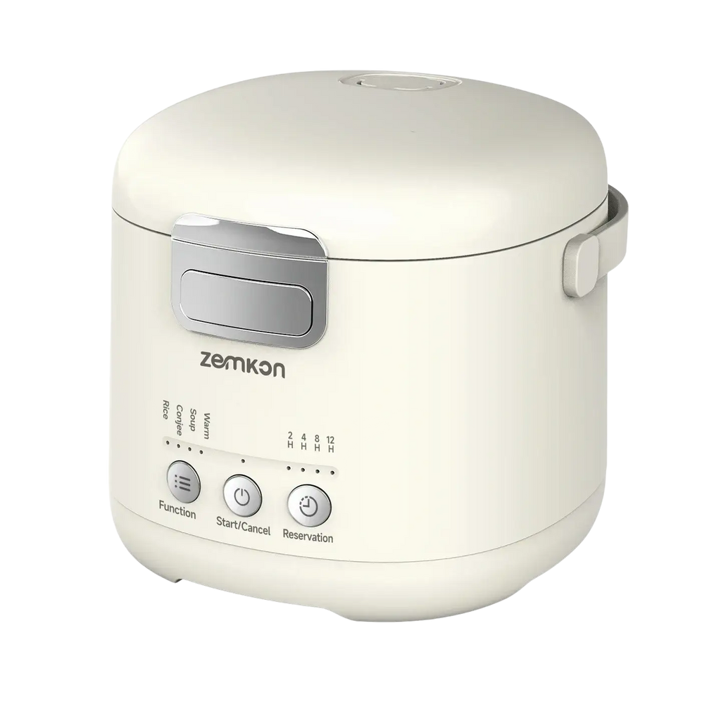 Cream-colored Zemkon 1.2l smart electric rice cooker with sleek rounded design and silver control panel
