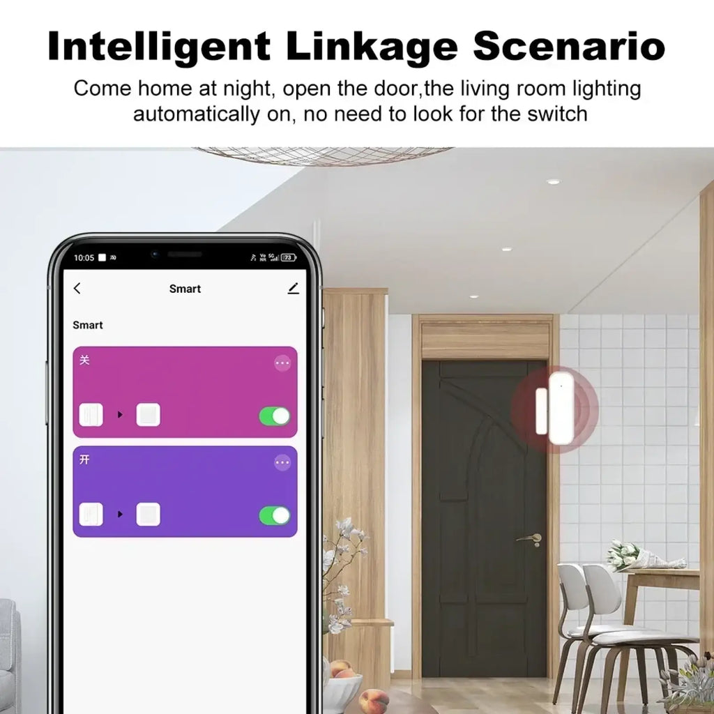 White zigbee 3.0 smart door sensor alarm mounted on a dark wooden door for enhanced security monitoring