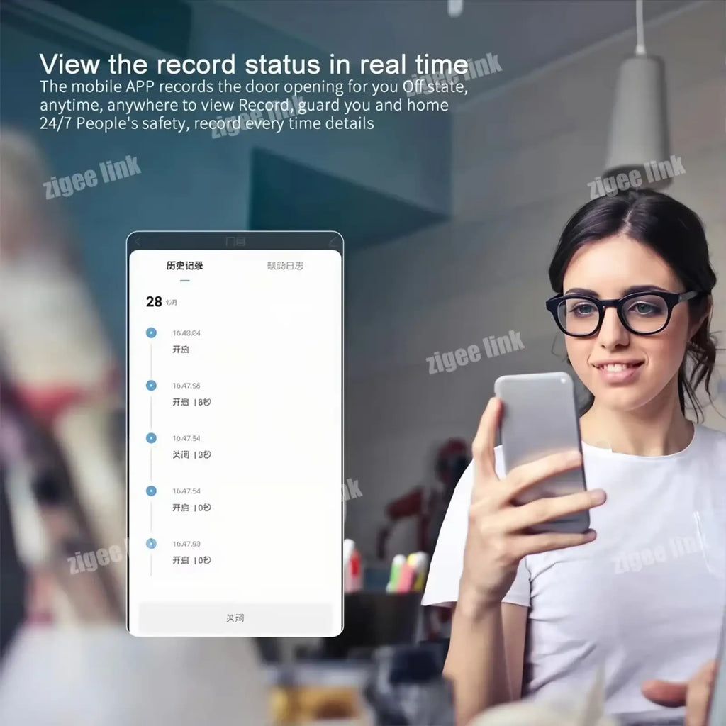 A woman wearing black-framed glasses holds a smartphone showing zigeelink app for real-time monitoring of zigbee 3.0 smart door sensor alarm