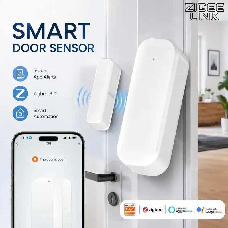 White zigbee 3.0 smart door sensor with minimalist design mounted on door frame compatible with zigbee gateway hub