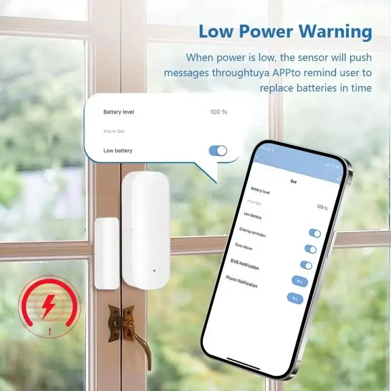 White rectangular zigbee door sensor with red indicator light mounted on glass door beside matching magnetic contact gateway hub