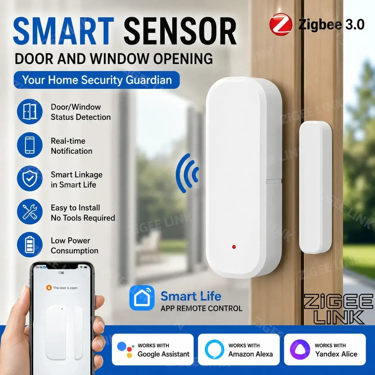 White zigbee 3.0 smart door window sensor with red indicator light compatible with google assistant smart scene control
