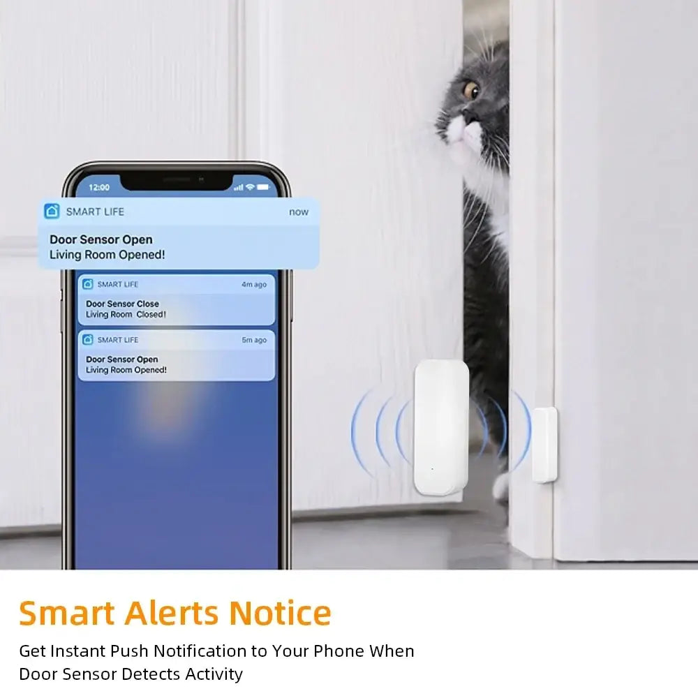 White rectangular smart door window sensor with sleek minimalist design mounted on door frame compatible with google assistant smart scene