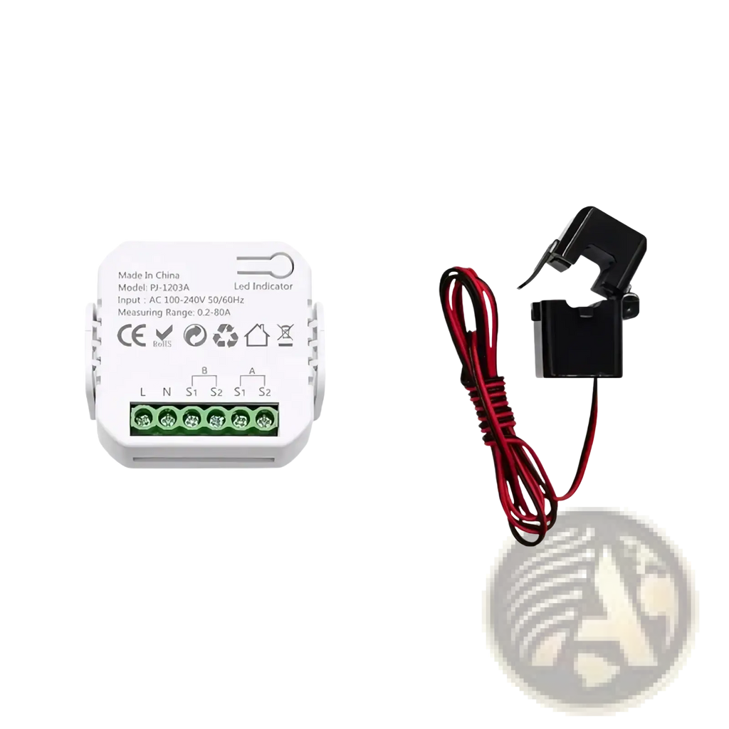 White plastic zigbee energy monitor bidirectional smart power meter with green terminals and black clamp sensor attached
