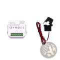 White plastic zigbee energy monitor bidirectional smart power meter with green terminals and black clamp sensor attached