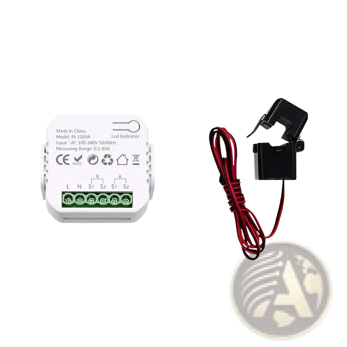 White plastic zigbee energy monitor bidirectional smart power meter with green terminals and black clamp sensor attached
