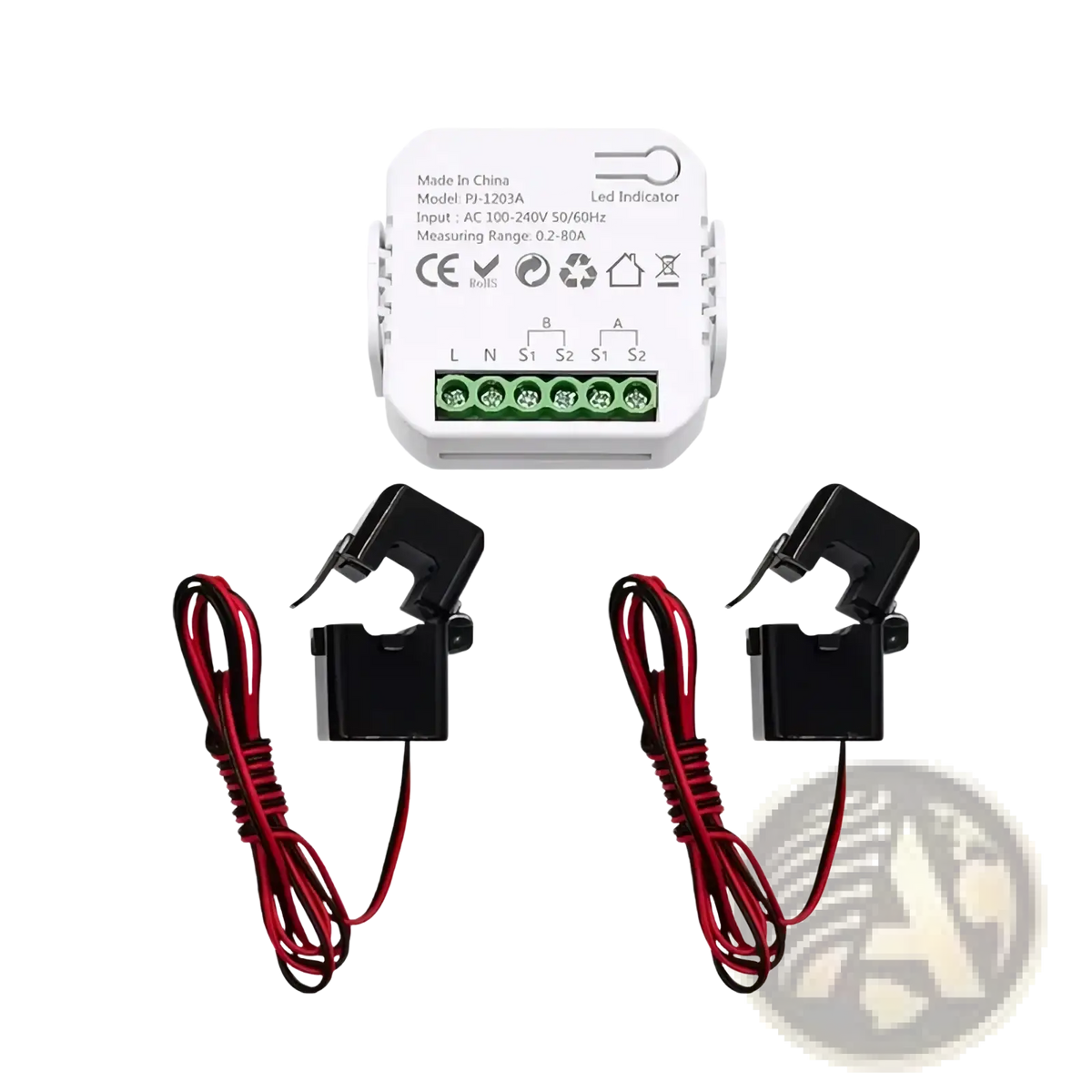 White rectangular Zigbee energy monitor module with green terminals and two black clamp-on sensors with red wires