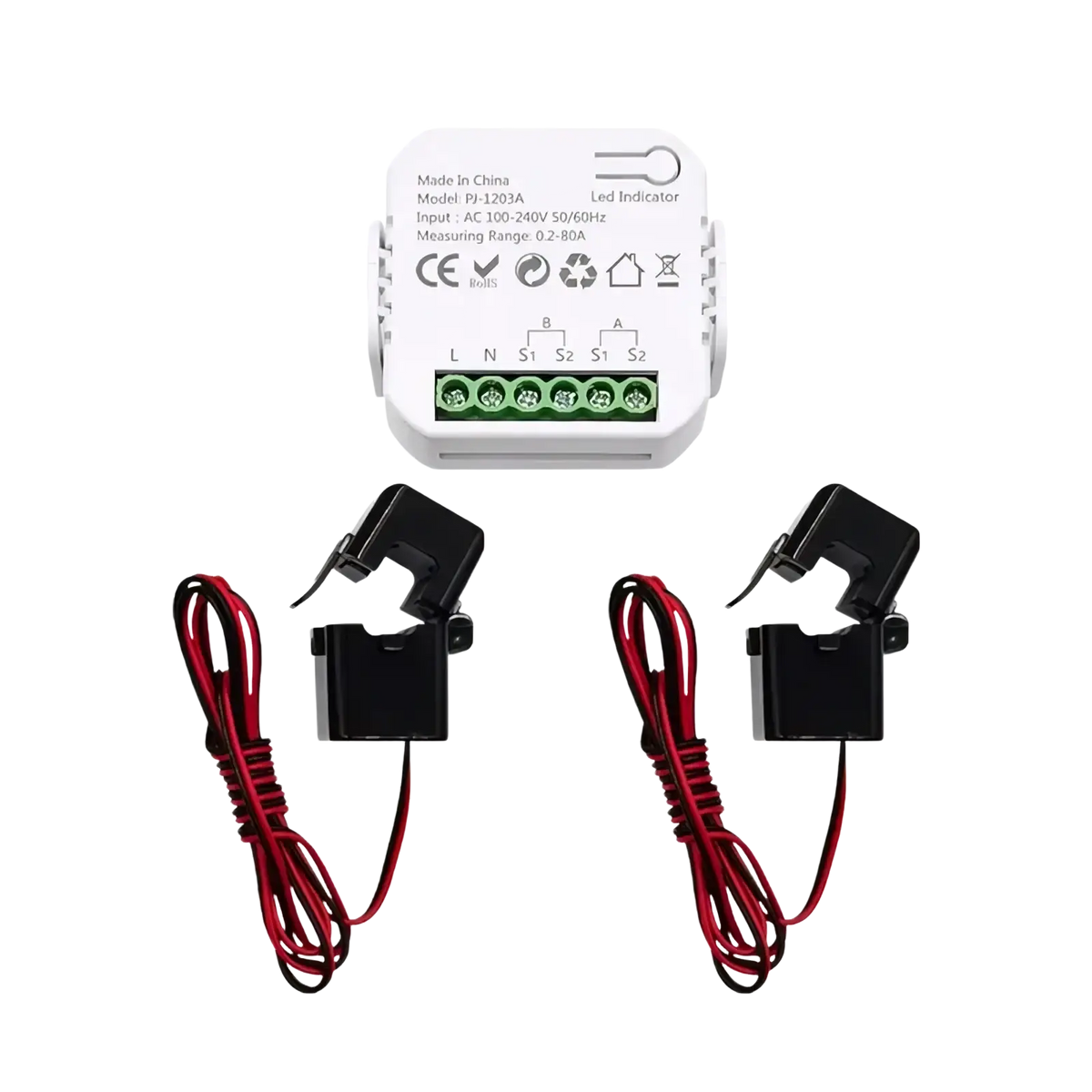 White rectangular Zigbee energy monitor module with green terminals and two black clamp-on sensors with red wires