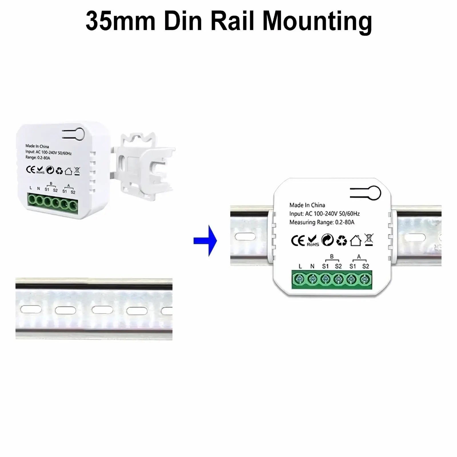 White 35mm din rail mounting zigbee energy monitor with green terminals and labeled input output specifications