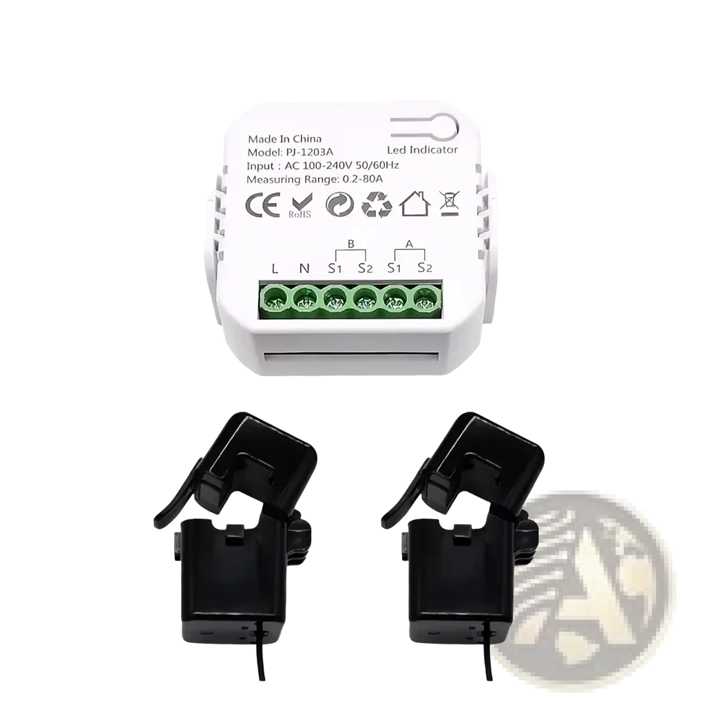 White rectangular matsee pj-1203a smart power meter with green terminals and black clamp sensors for zigbee energy monitoring
