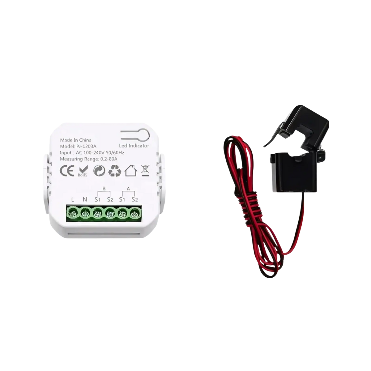 White plastic zigbee energy monitor bidirectional smart power meter with green terminals and black clamp sensor attached