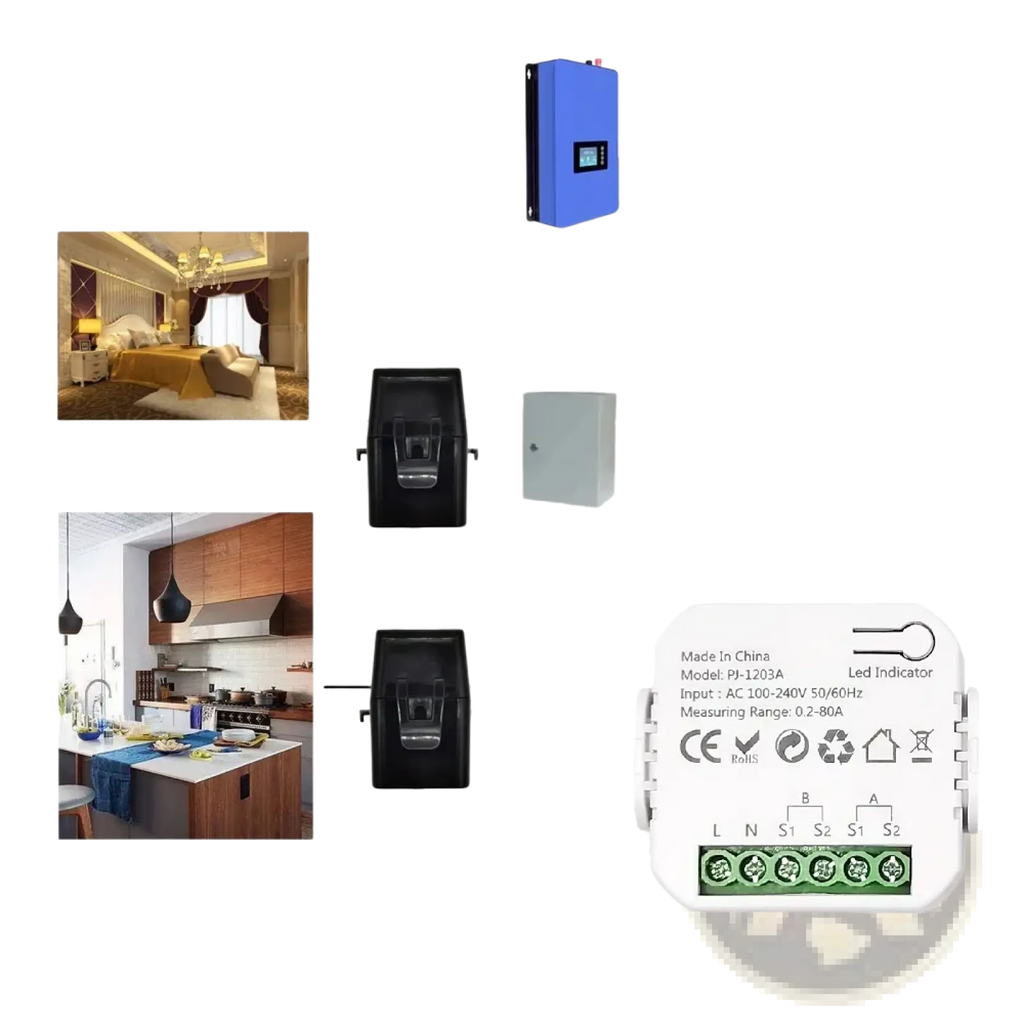 White plastic zigbee energy monitor bidirectional smart power meter with green terminal blocks and labeled connections