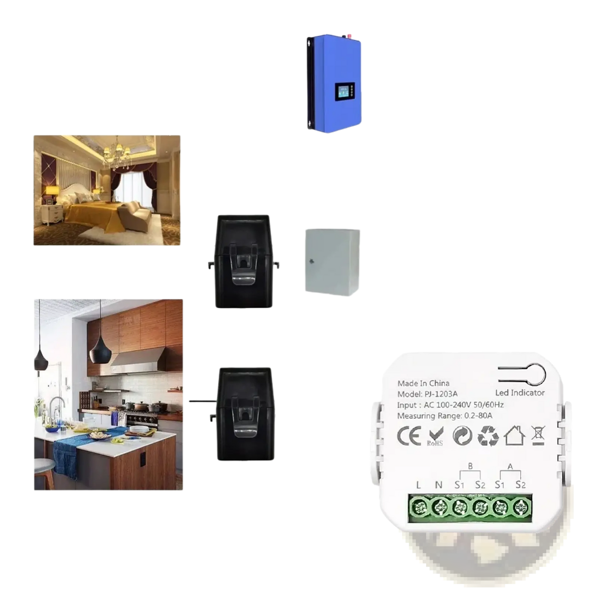 White plastic zigbee energy monitor bidirectional smart power meter with green terminal blocks and labeled connections