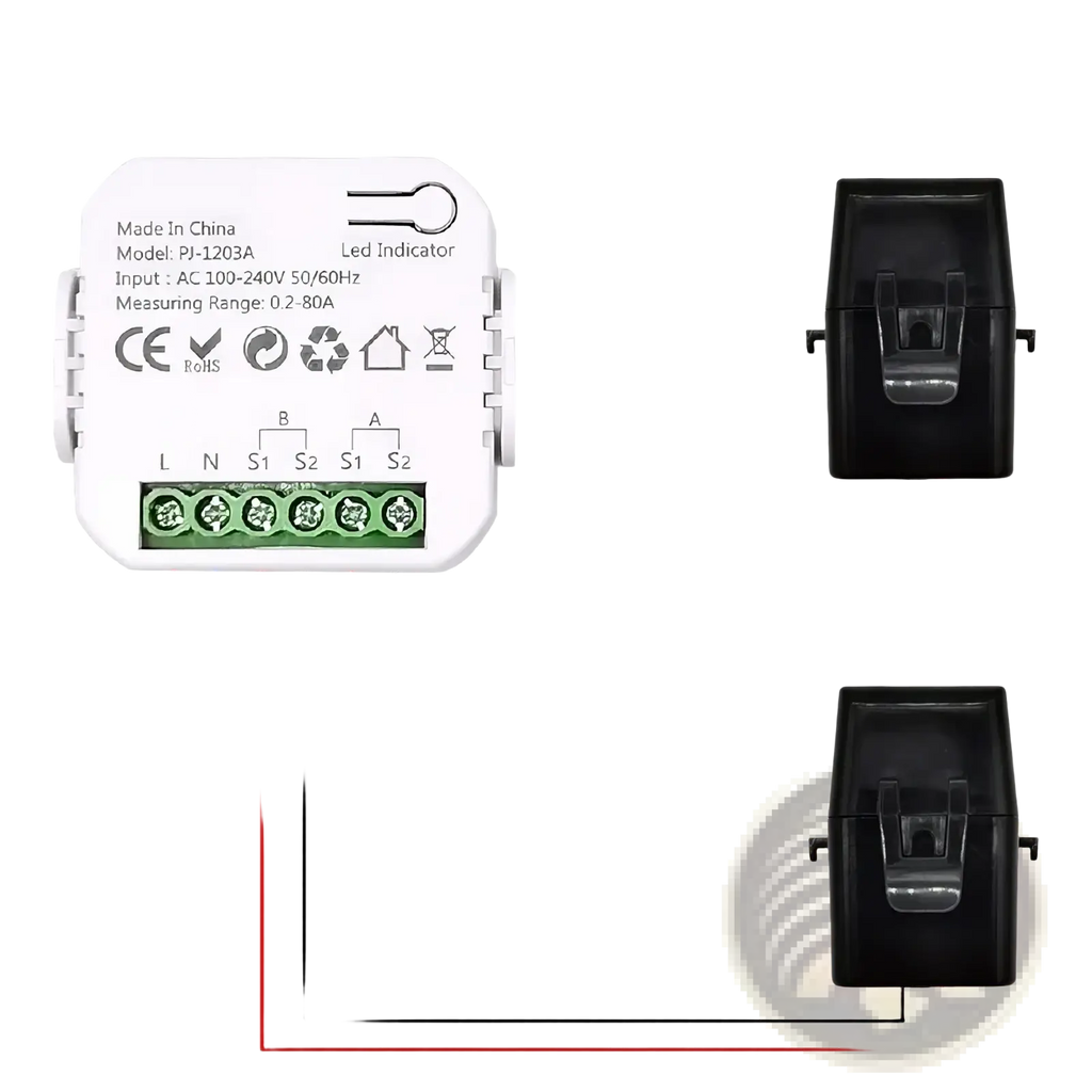 White plastic zigbee energy monitor bidirectional smart power meter with green terminal blocks and wiring diagram model pi-1203a