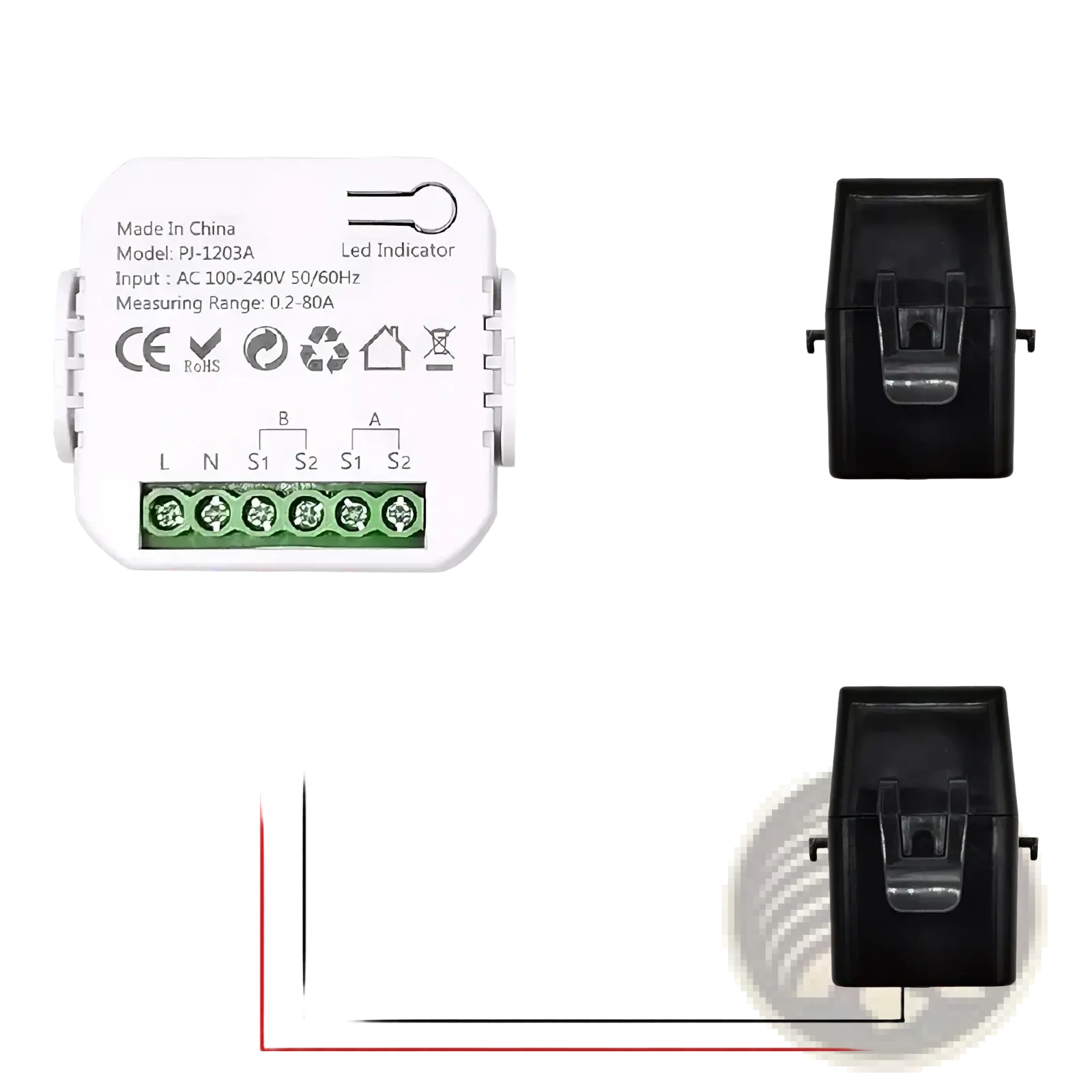 White plastic zigbee energy monitor bidirectional smart power meter with green terminal blocks and wiring diagram model pi-1203a