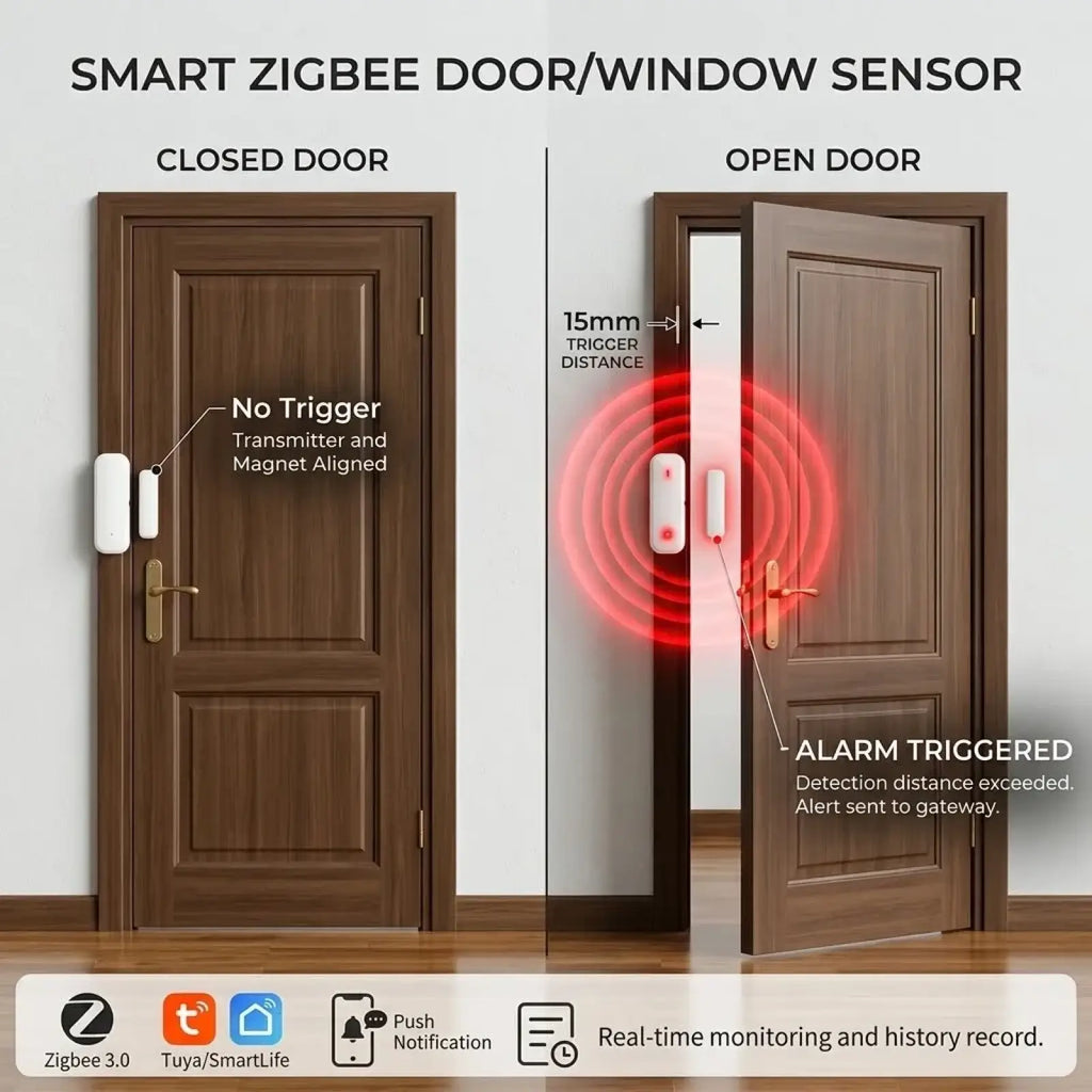 Zigbee smart door window sensor with white rectangular design and subtle red indicator lights for magnetic alarm detection