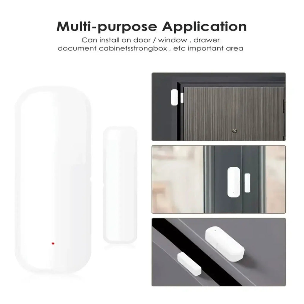 White plastic zigbee smart door window sensor with small red indicator light for magnetic alarm detection