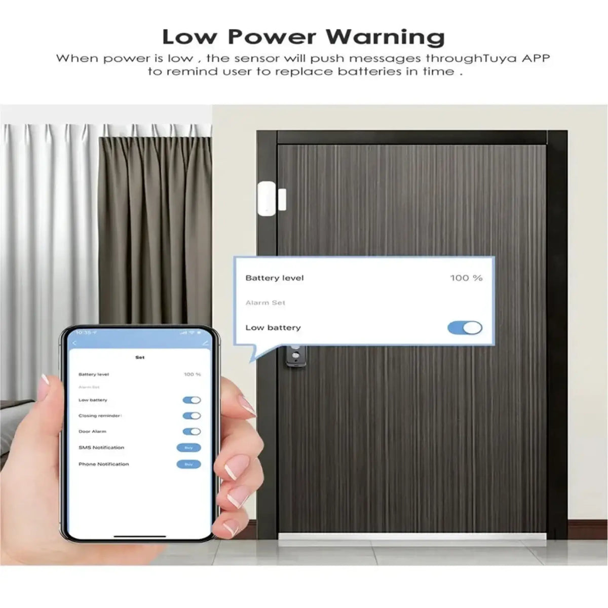 Zigbee smart door window sensor white with sleek design on dark wood door paired with app showing battery level