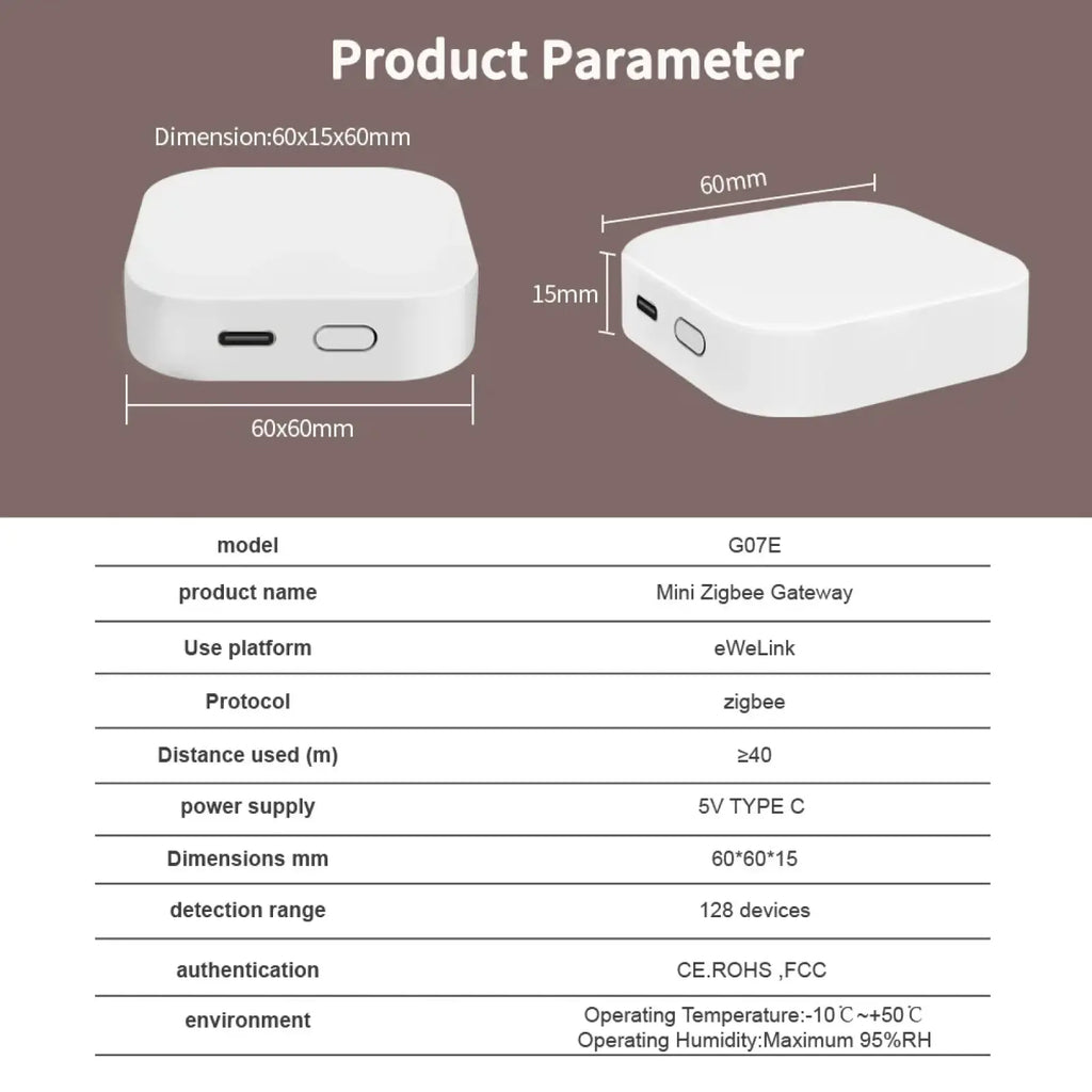 White plastic mini zigbee smart home gateway hub with compact square design and two side ports for alexa integration