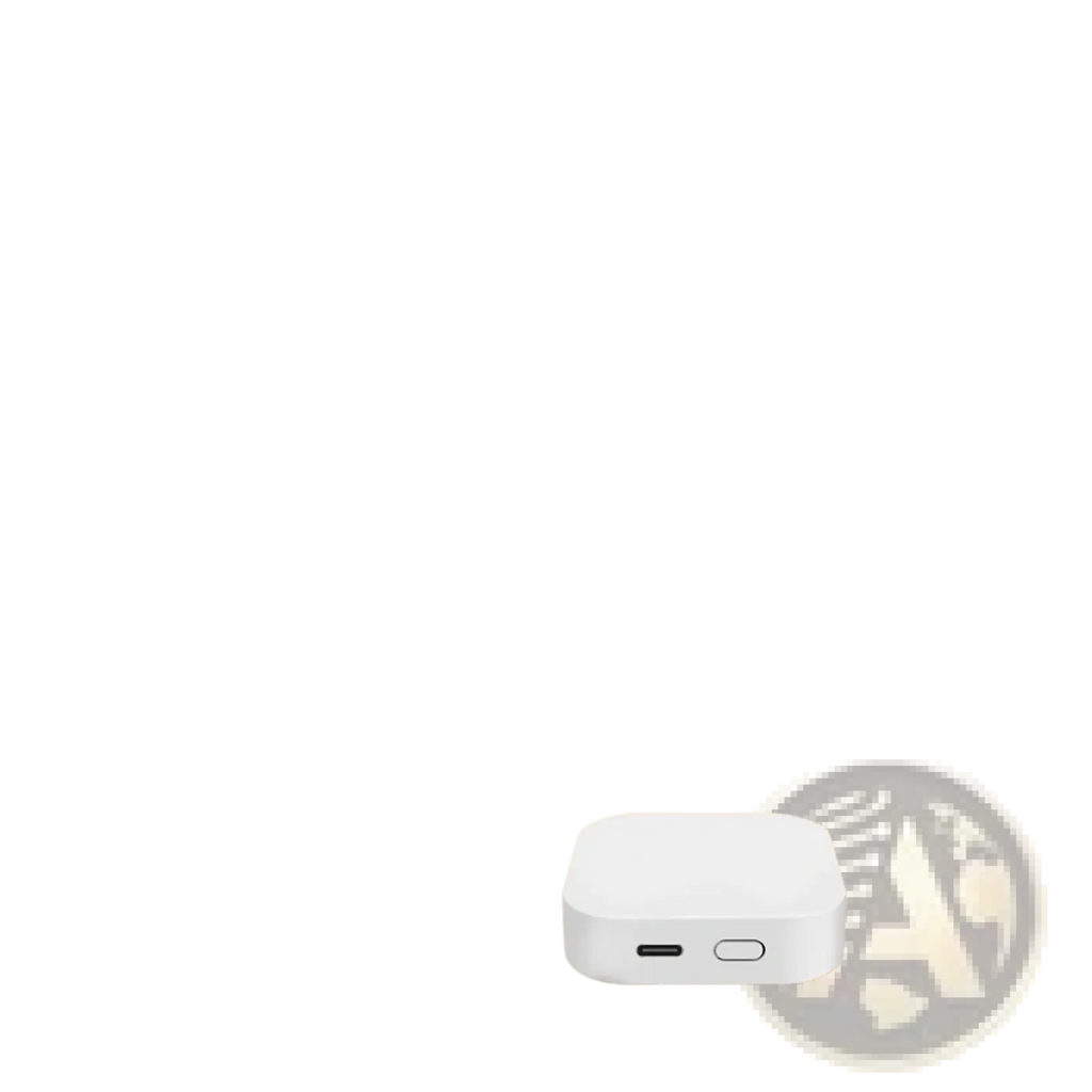 White rectangular Zigbee smart home gateway hub with USB-C port and circular button for Alexa integration
