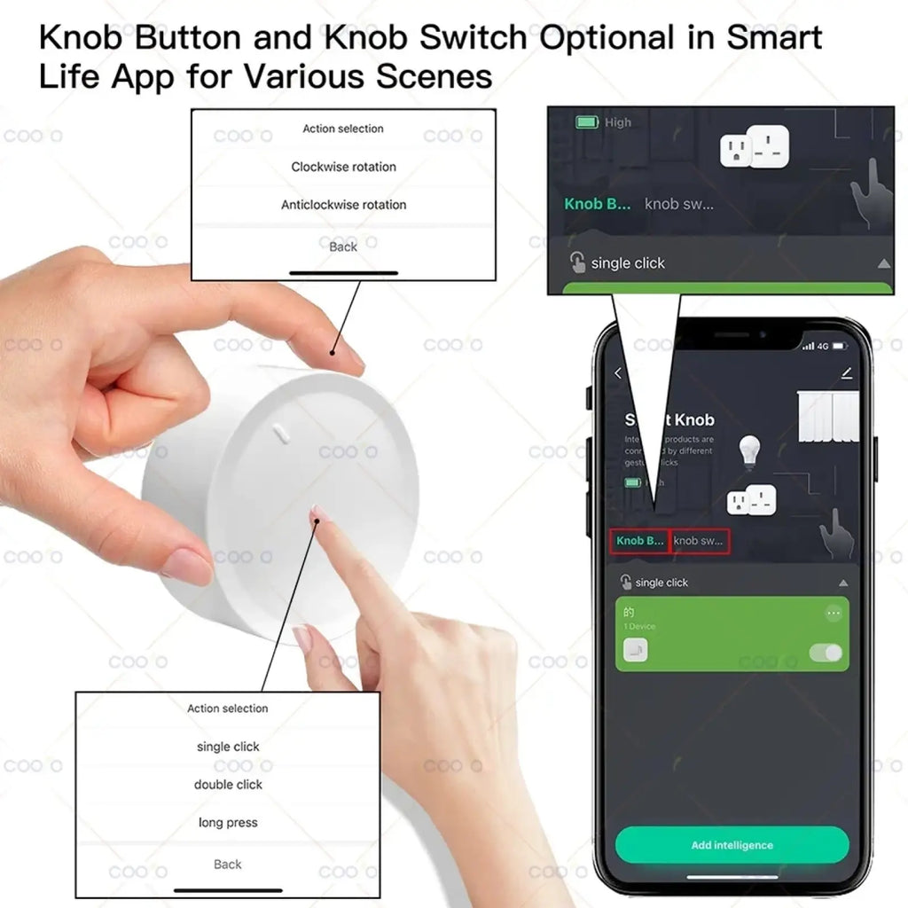 White cylindrical zigbee smart knob switch with tactile surface for intuitive control via smartphone app