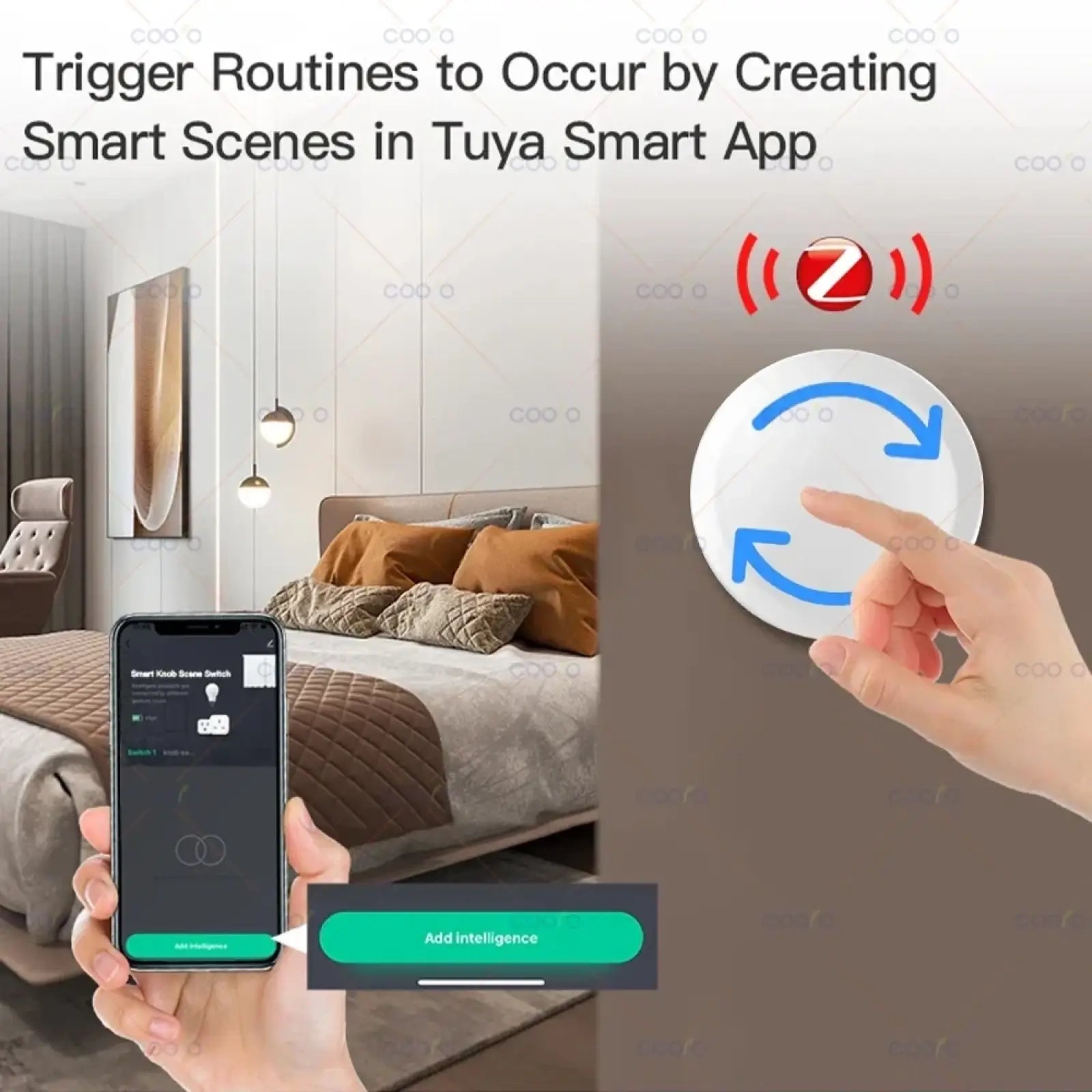 White circular zigbee smart knob switch wireless dimmer scene button with blue arrows and hand interaction