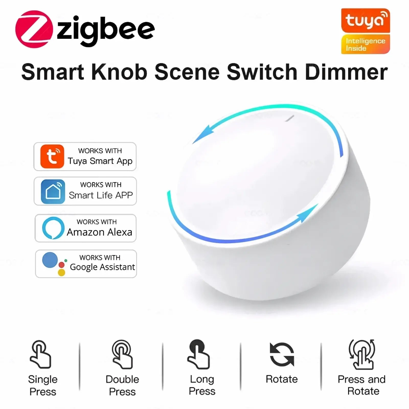White circular zigbee smart knob switch wireless dimmer with sleek minimalist design and subtle blue accent ring