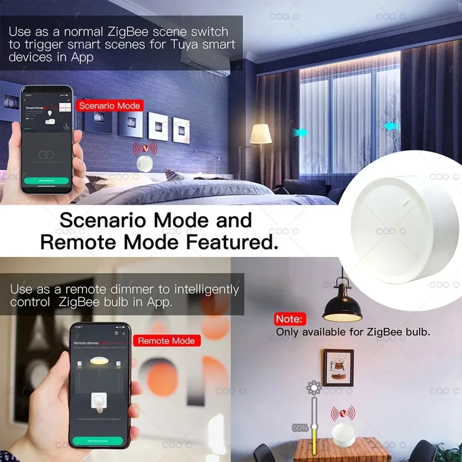 White circular zigbee smart knob switch wireless dimmer scene button with minimalist design for zigbee bulbs