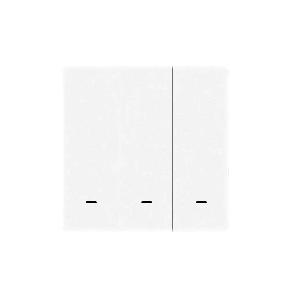 White zigbee smart scene switch wireless remote control with three vertical panels and black horizontal indicator lines