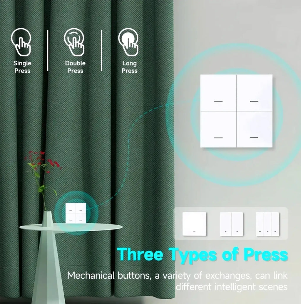 White rectangular zigbee smart scene switch wireless remote control panel with minimalist design and four button controls